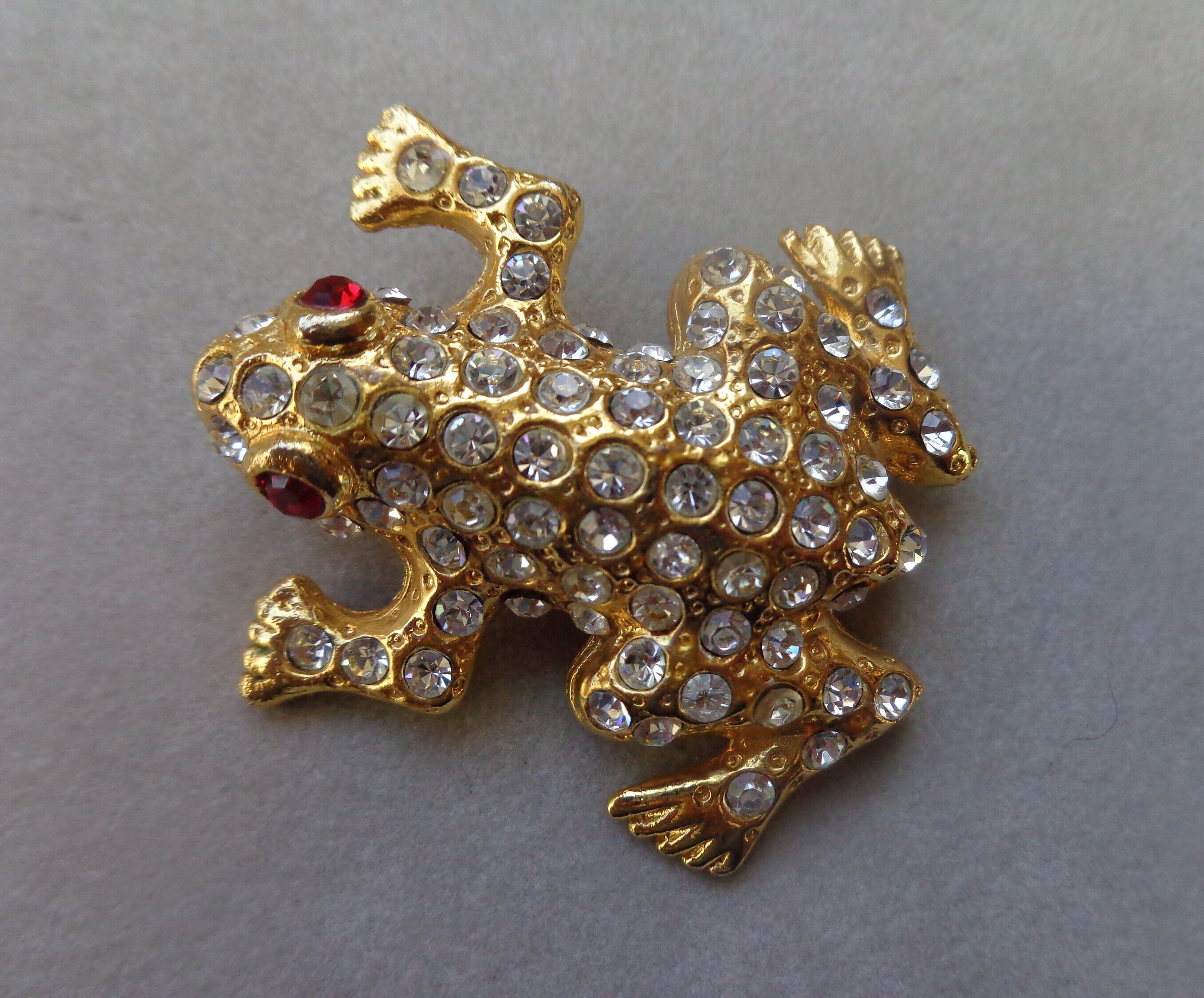 Gold Tone Frog Brooch With Clear and Red Crystals - Etsy