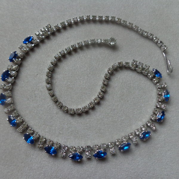 Delicate crystal choker with clear and sapphire blue rhinestones