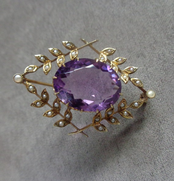 Edwardian 14K gold brooch with amethyst and seed … - image 9