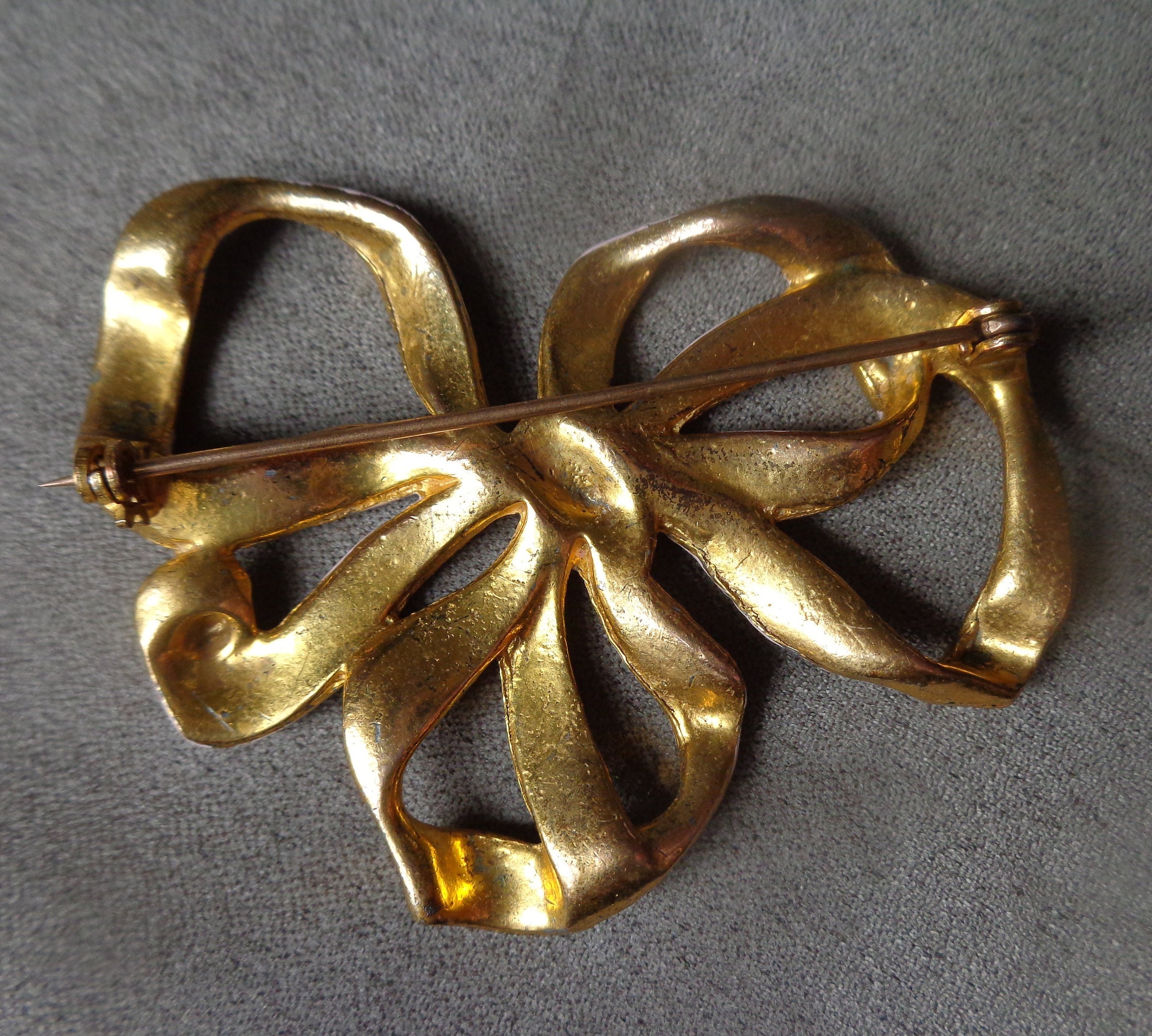 Broche Vintage Nœud Et Feuillage En Alliage Doré Avec émail Vieux Rose - Occasion, Bijou Ancien