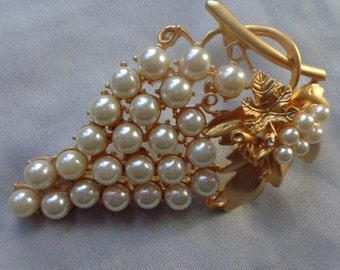 Broche Vintage En Métal Doré - Forme Grappe De Raisin Avec Perles - Occasion