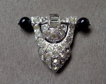 Art Deco dress clip with black beads and clear rhinestones