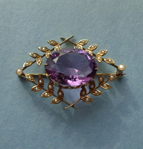 Edwardian 14K gold brooch with amethyst and seed … - image 10