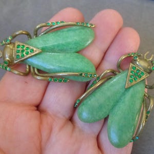 Art Deco Bug Brooches: Gold Tone Metal, Green Rhinestone Accents