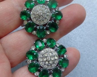 Czechoslovakian screw-back earrings with emerald and clear glass