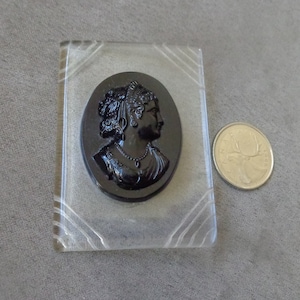 Lucite frame brooch with Bakelite cameo profile