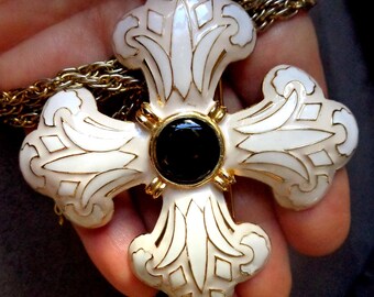 Huge Maltese cross brooch/necklace with enameling and gold tone chain