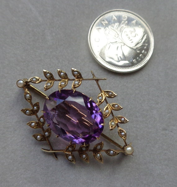 Edwardian 14K gold brooch with amethyst and seed … - image 6