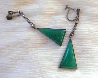 Orecchini Art Déco in argento sterling con crisoprasio e marcasite