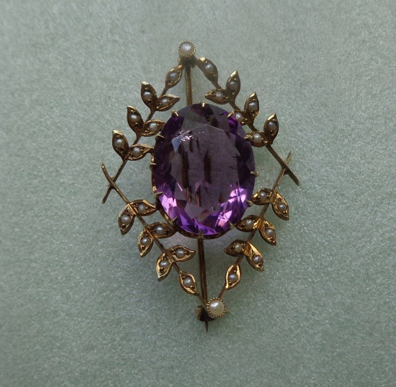 Edwardian 14K gold brooch with amethyst and seed … - image 7