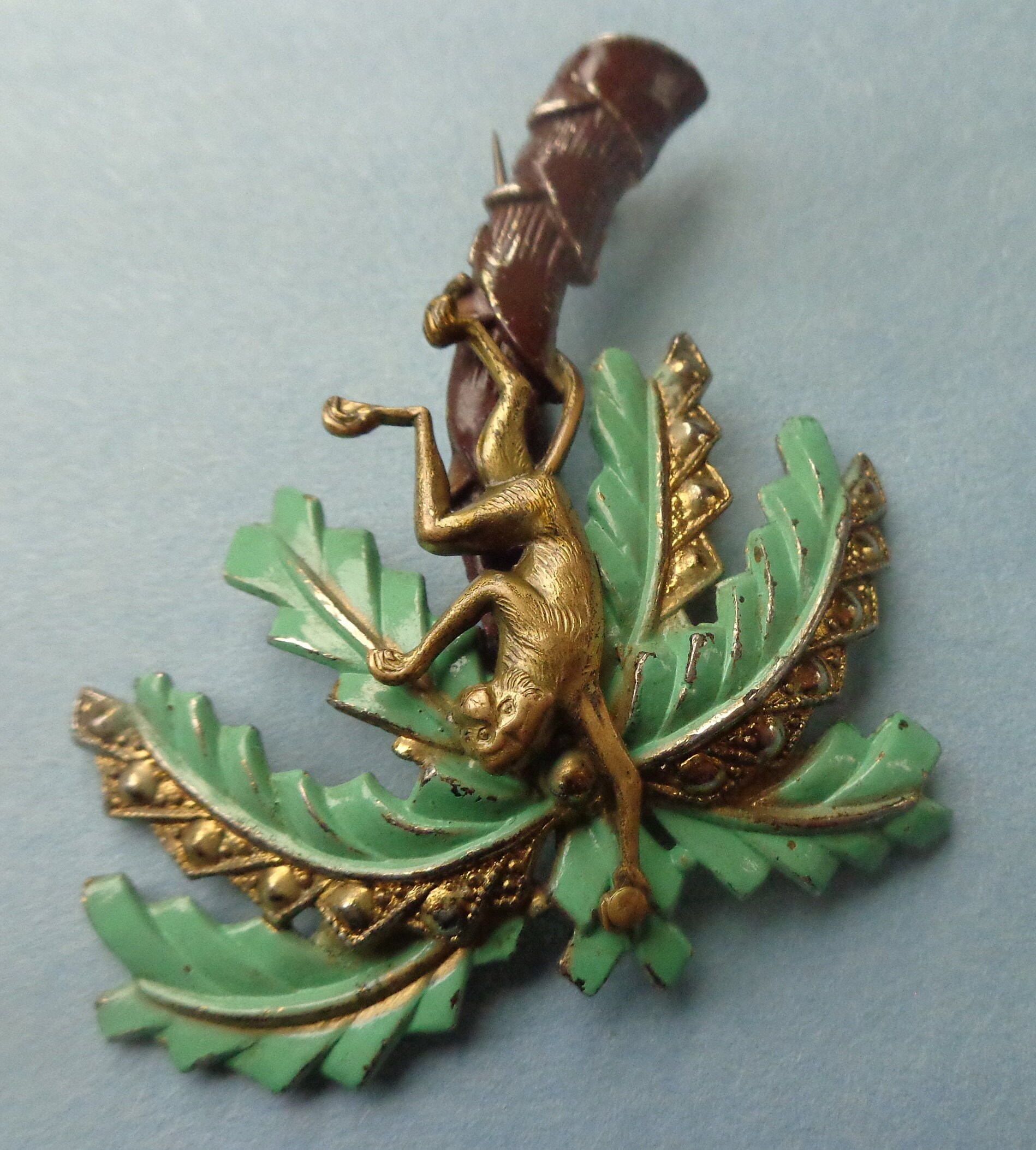 Broche Singe Au Palmier - Métal Doré Années 40 - Occasion Bon état - Bijou Vintage (réf. J58)