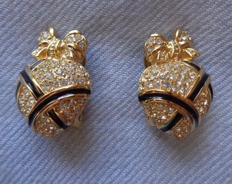 Christian Dior heart clip on earrings with clear crystals and black enameling