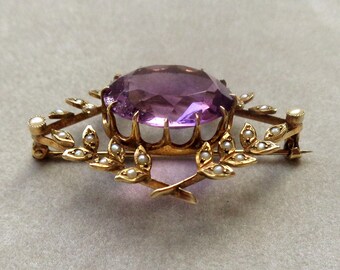 Edwardian 14K gold brooch with amethyst and seed pearls