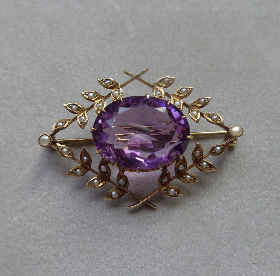 Edwardian 14K gold brooch with amethyst and seed … - image 4
