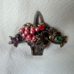 Tiny foliate fruit basket brooch with faux pearls and rhinestones