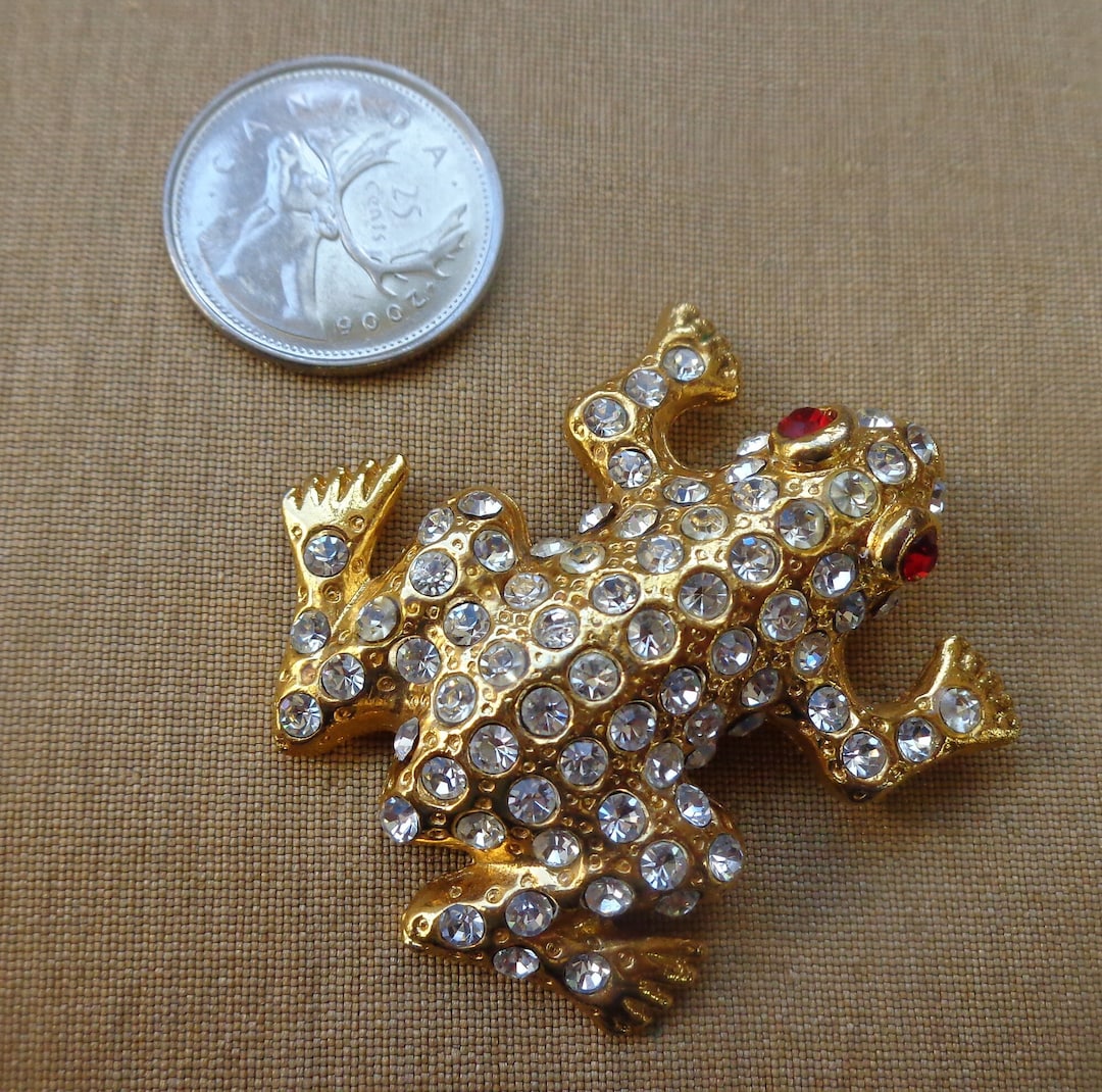 Gold Tone Frog Brooch With Clear and Red Crystals - Etsy