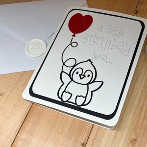 Happy Birthday Card- Penguin with Heart Balloon