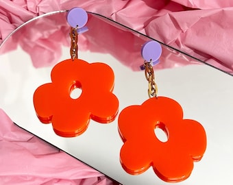FLOURISH Chain Dangle Acrylic Flower Earrings | Orange and Purple