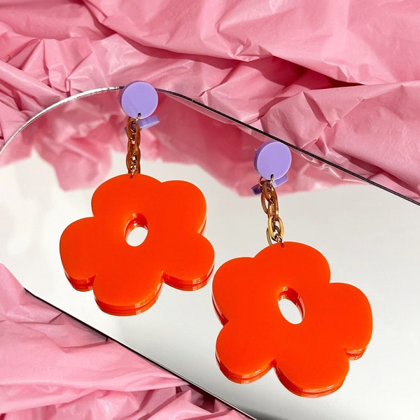 FLOURISH Chain Dangle Acrylic Flower Earrings | Orange and Purple