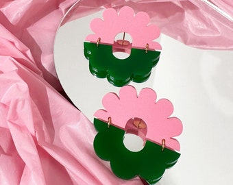 FLOURISH Small Flower Duo Stud Earrings | Green and Pink