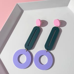 Pendulum Earrings Pink Dark Green Lilac Large | Tricolour Statement Dangle | Modern Acrylic Drops