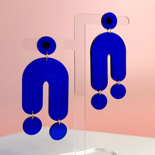 Large Transparent Blue Acrylic Earrings | Modern Statement Dangle Drop Earrings | Bold Geometric Art Jewelry