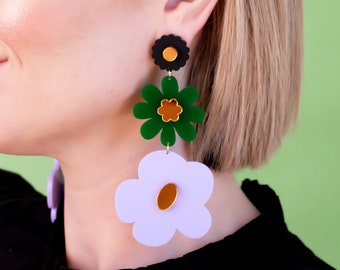 FLOURISH Triple Tiered Flower Drop Acrylic Stud Earrings | Black + Green + Lilac + Gold