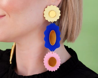 FLOURISH Mega XL Oversized Dangle Earrings | Blue + Pink + Yellow + Gold