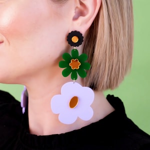 FLOURISH Triple Tiered Flower Drop Acrylic Stud Earrings | Black + Green + Lilac + Gold