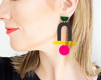 The Mega Stack  | Green, Black, Yellow, Magenta  |  Acrylic Earrings, Statement Earrings, Transparent Earrings, Modern Earrings, Lightweight