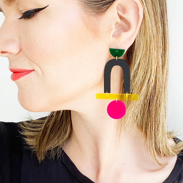 The Mega Stack  | Green, Black, Yellow, Magenta  |  Acrylic Earrings, Statement Earrings, Transparent Earrings, Modern Earrings, Lightweight
