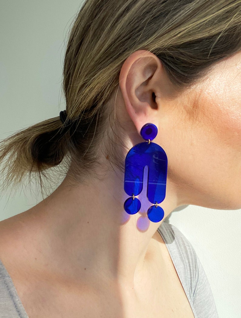 Trip Large Transparent Blue Modern Acrylic Statement Earrings, Dangle & Drop Hypoallergenic Earrings, Handmade Lightweight Earrings image 2