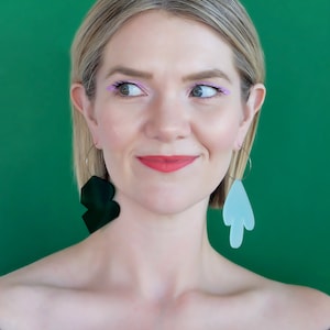 Abstract Emerald + Frost Acrylic Hoop Earrings: Mismatched Geometric Dangles