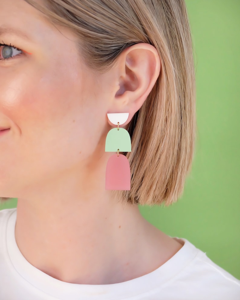 Multi Color Dangle and Drop Modern Acrylic Bold Statement Earrings, Lightweight Hypoallergenic Laser Cut Stud Earrings, Colorful Earrings image 1