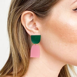 The Cinch | Transparent Emerald + Translucent Satin Pink | Lightweight Earrings, Hypoallergenic Earrings, Statement Earrings