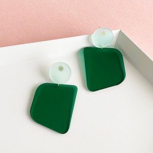 Transparent Emerald Translucent Frost The Wilma Modern Acrylic Earrings, Statement Earrings, Acrylic Earrings, Emerald Earrings image 2