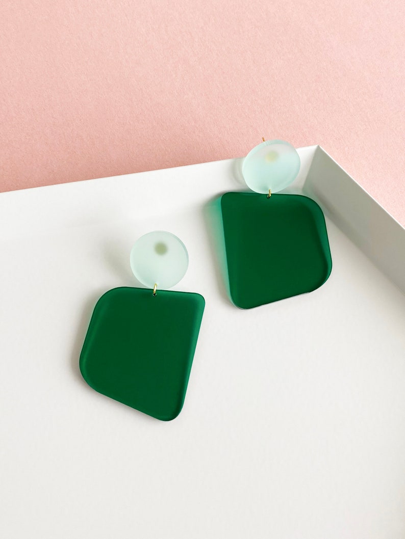 Transparent Emerald Translucent Frost The Wilma Modern Acrylic Earrings, Statement Earrings, Acrylic Earrings, Emerald Earrings image 2