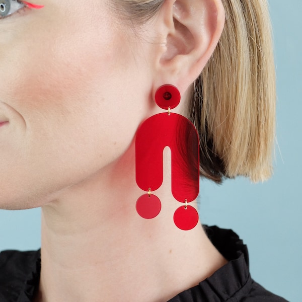 Red Acrylic Statement Earrings: Modern Geometric Dangle Earrings