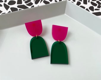 Transparent Emerald & Translucent Magenta "The Cinch” Modern Acrylic Earrings, Statement Earrings, Acrylic Earrings, Contemporary Earrings