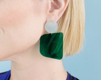 Transparent Emerald + Translucent Frost “The Wilma” Modern Acrylic Earrings, Statement Earrings, Acrylic Earrings, Emerald Earrings