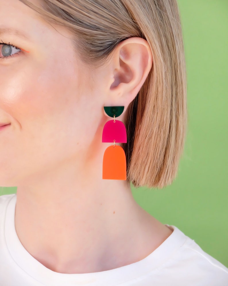Multi Color Dangle and Drop Modern Acrylic Bold Statement Earrings, Lightweight Hypoallergenic Laser Cut Stud Earrings, Colorful Earrings image 2