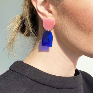Powder Pink & Transparent Electric Blue "The Cinch” Modern Acrylic Earrings, Statement Earrings, Acrylic Earrings, Contemporary Earrings