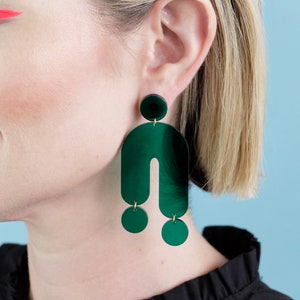 Asymmetrical Emerald Green Arch TRIP Statement Earrings, Lightweight Hypoallergenic Oversized, Transparent Dangle and Drop Acrylic Push Back image 1