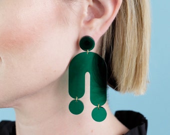 Asymmetrical Emerald Green Arch TRIP Statement Earrings, Lightweight Hypoallergenic Oversized, Transparent Dangle and Drop Acrylic Push Back