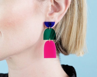 Multi Color Dangle and Drop Modern Acrylic Bold Statement Earrings,  Lightweight Hypoallergenic Laser Cut Stud Earrings, Colorful Earrings