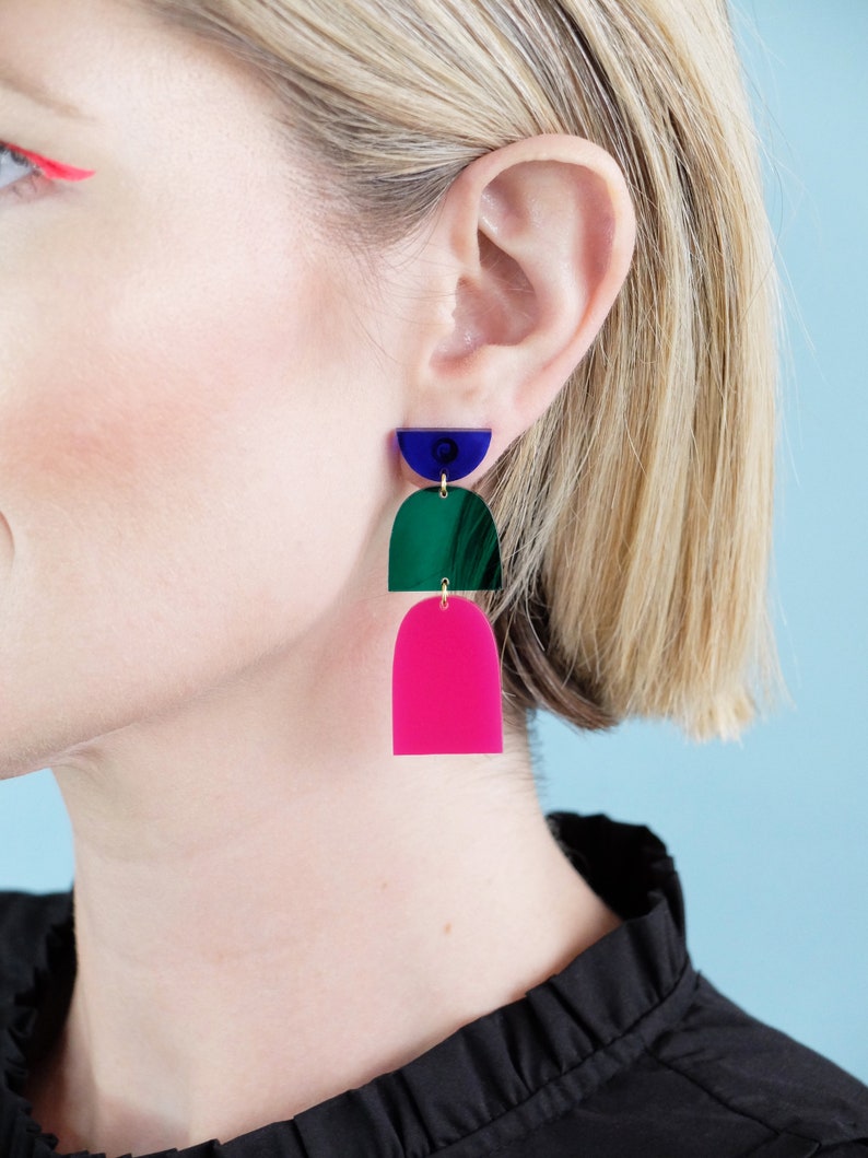 Multi Color Dangle and Drop Modern Acrylic Bold Statement Earrings, Lightweight Hypoallergenic Laser Cut Stud Earrings, Colorful Earrings image 1