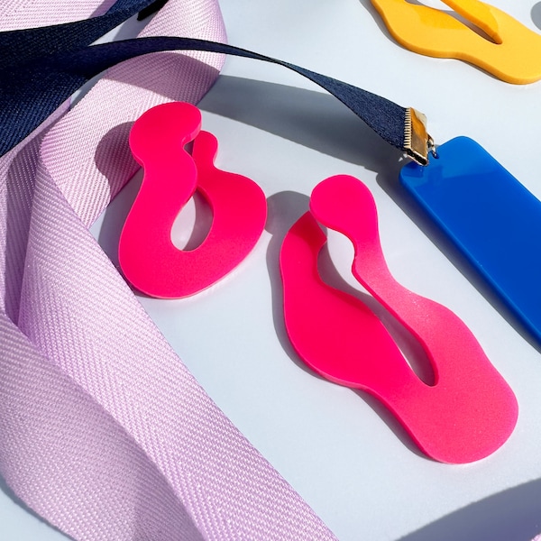 Hot Pink Matte Asymmetric Wave Stud Earrings - Handmade Lightweight Acrylic Mismatch Pair