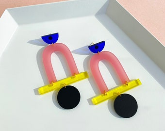 The Mega Stack  | Blue, Pink, Yellow, Black  |  Acrylic Earrings, Statement Earrings, Transparent Earrings, Modern Earrings, Lightweight