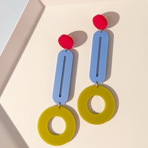 Pendulum Earrings Chartreuse Blue Red Large | Tricolour Statement Dangle | Modern Acrylic Drops