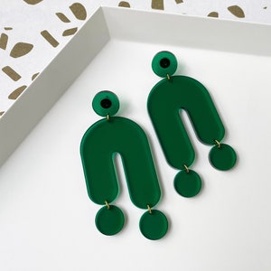 Asymmetrical Emerald Green Arch TRIP Statement Earrings, Lightweight Hypoallergenic Oversized, Transparent Dangle and Drop Acrylic Push Back image 2